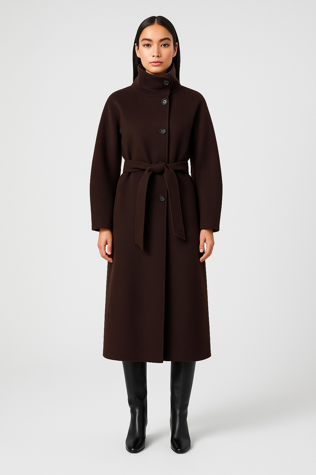 dunkelbrauner damenmantel mit hohem kragen und bindegürtel