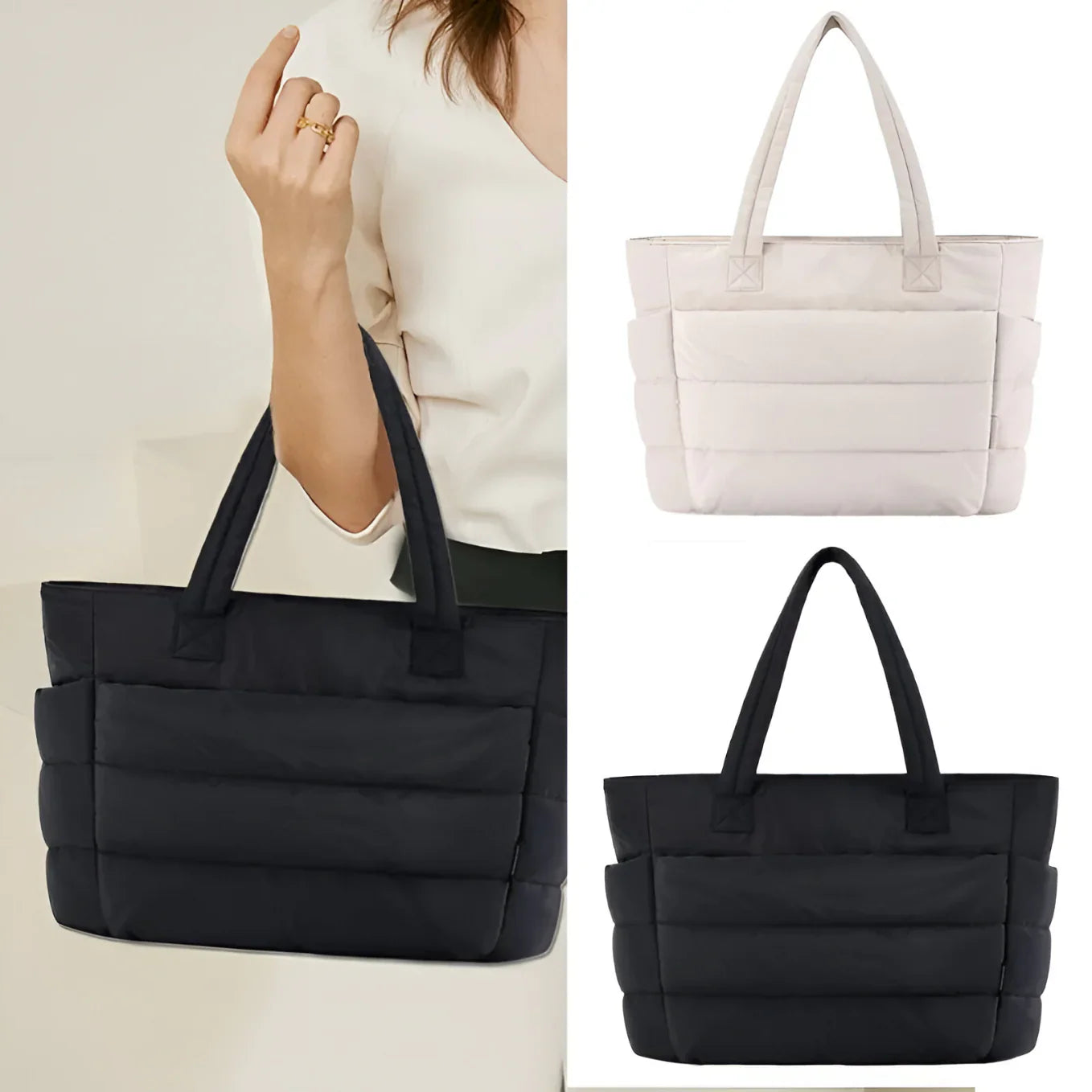 Nimbus Carry Puffer Tote – stijlvolle zwarte tas voor werk en school.