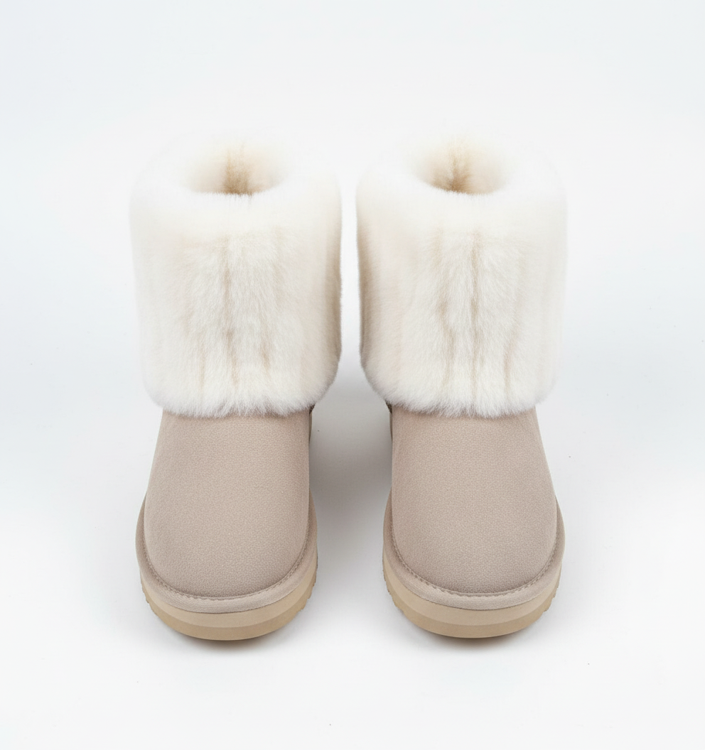 Taupe Winterstiefel mit weißer Plüsch-Fellkrempe und erhöhter Sohle – stilvolle warme Damen Schneestiefel.