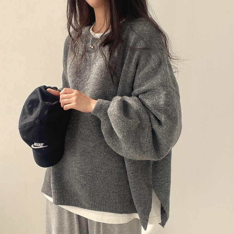 Kuschellaune Oversized Damen Pullover dunkelgrau mit Ballonärmeln
