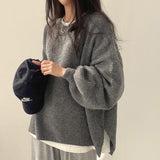 Kuschellaune Oversized Damen Pullover dunkelgrau mit Ballonärmeln
