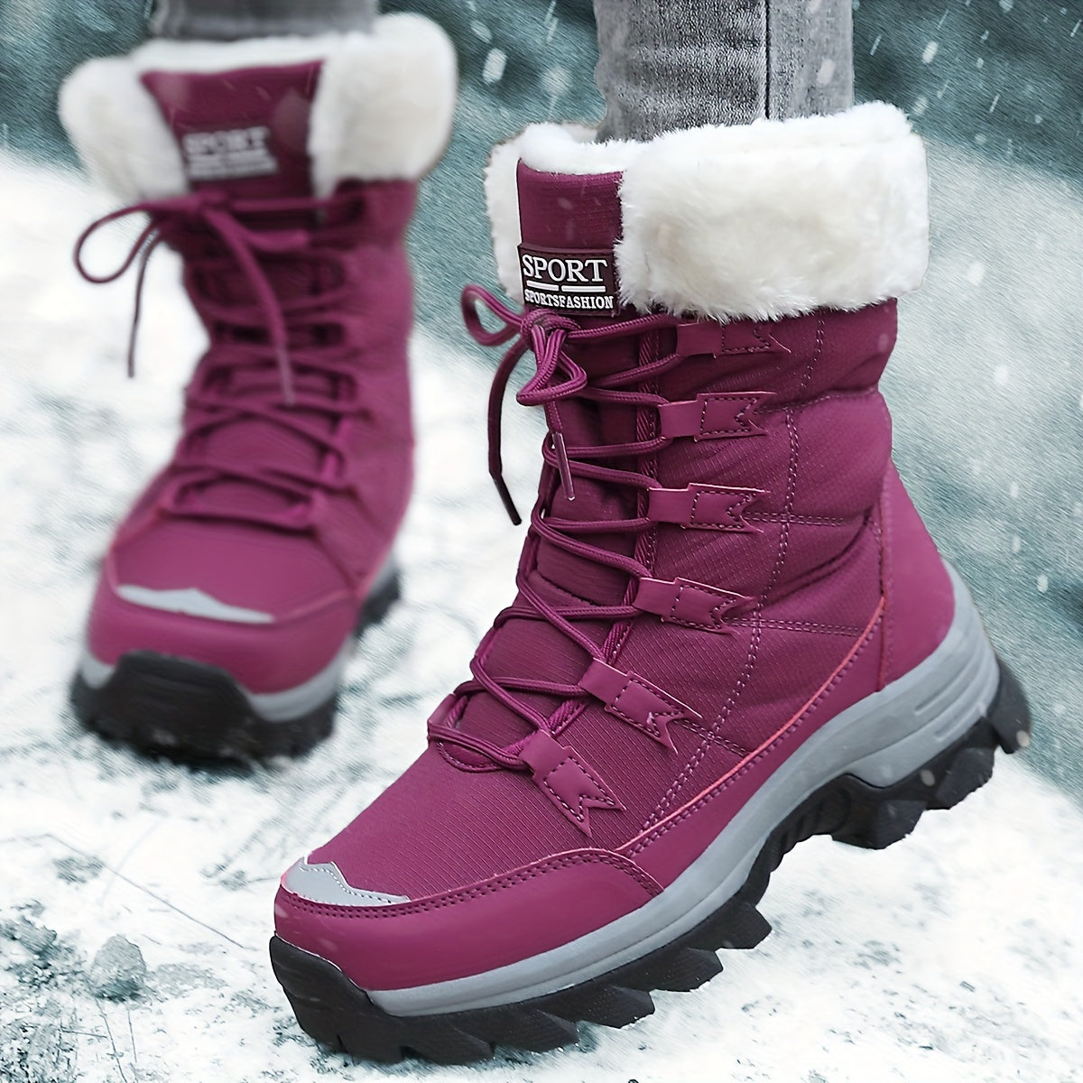 bordeaux damen schneestiefel mit weißem fellkragen