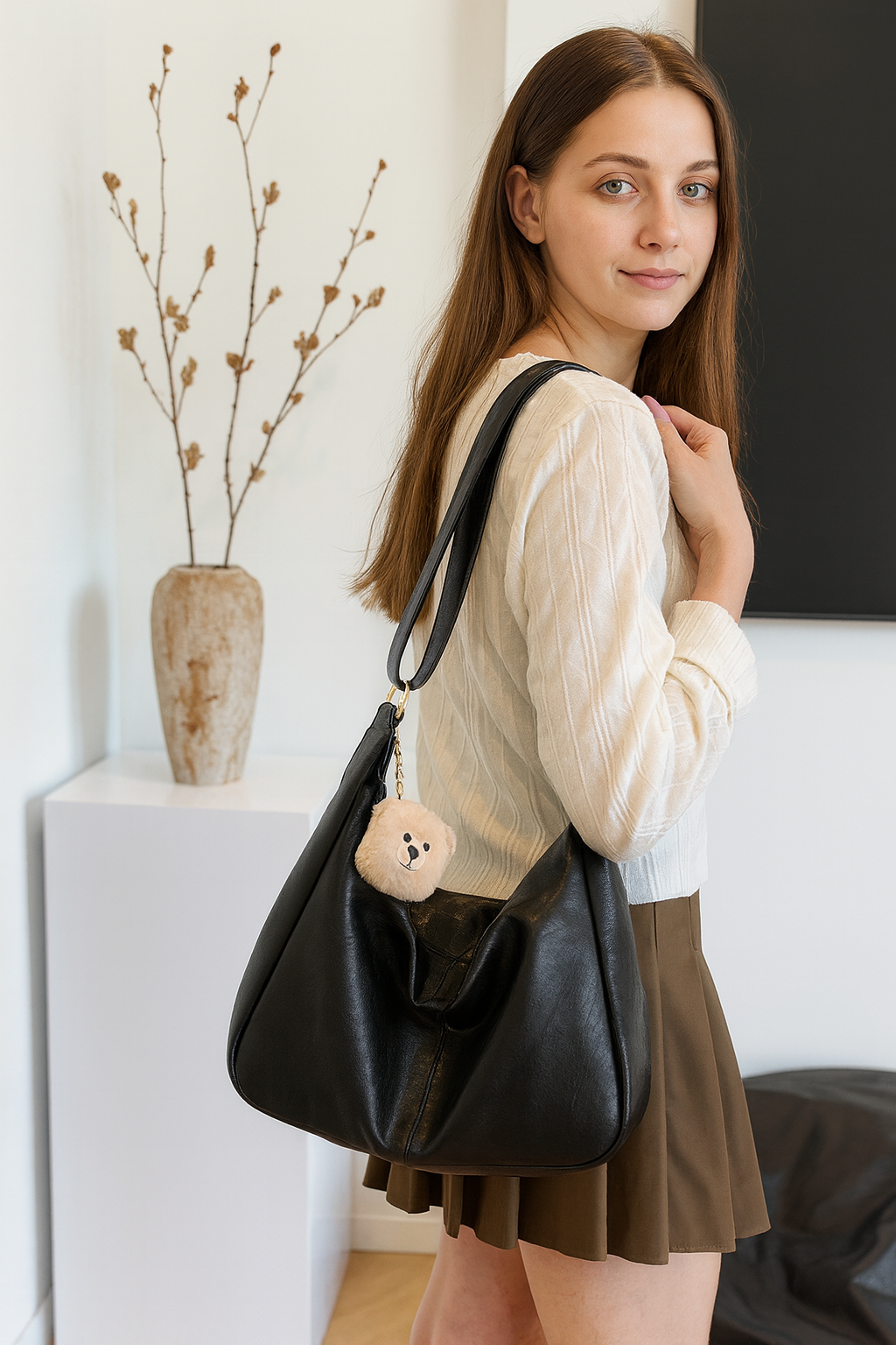 Frau kombiniert die schwarze Novira Schultertasche mit einem Rock