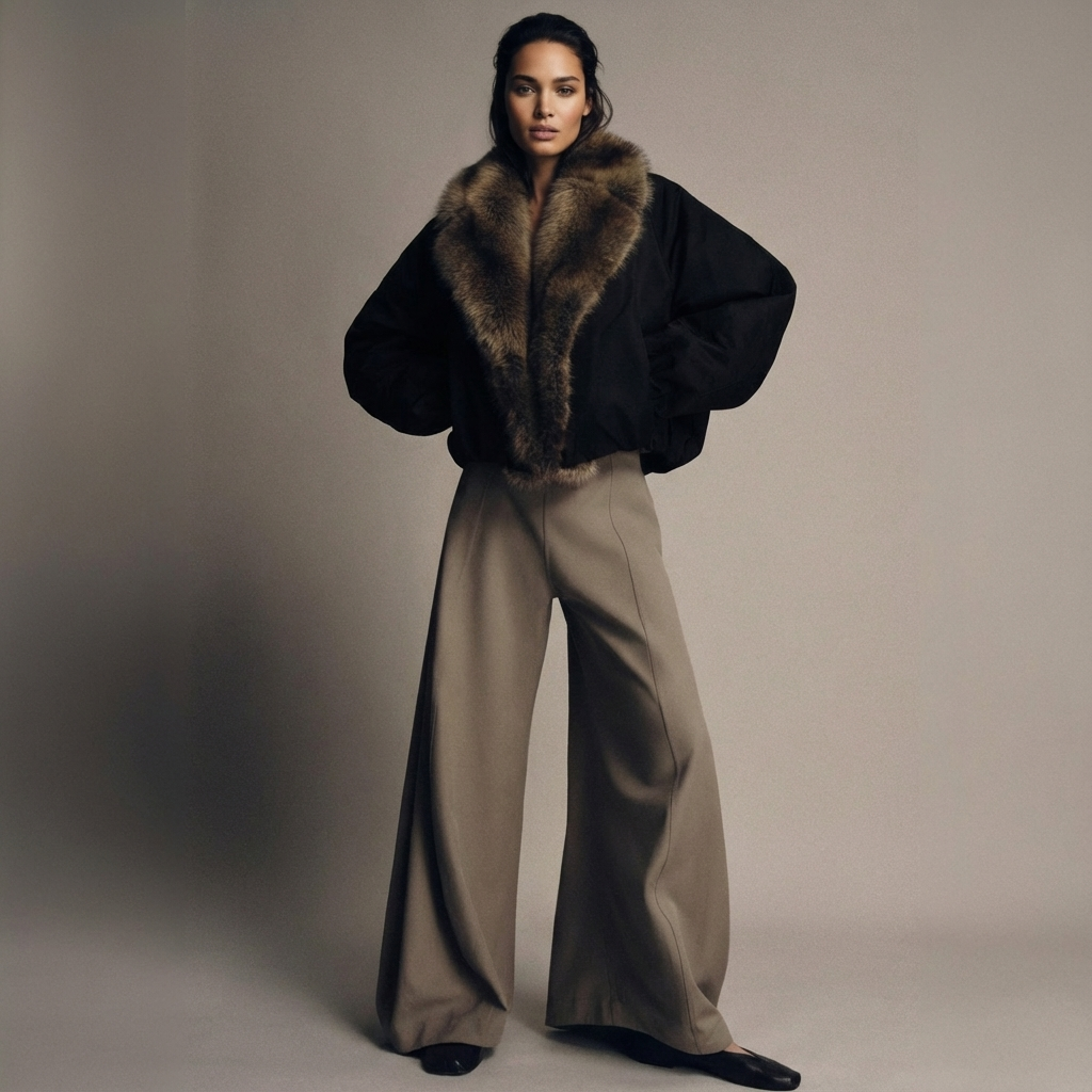 Eleonore kurze Bomberjacke mit Kunstfell – Model trägt Jacke