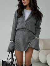 Lorvien Strickset Grau mit Knopfleiste und Rock
