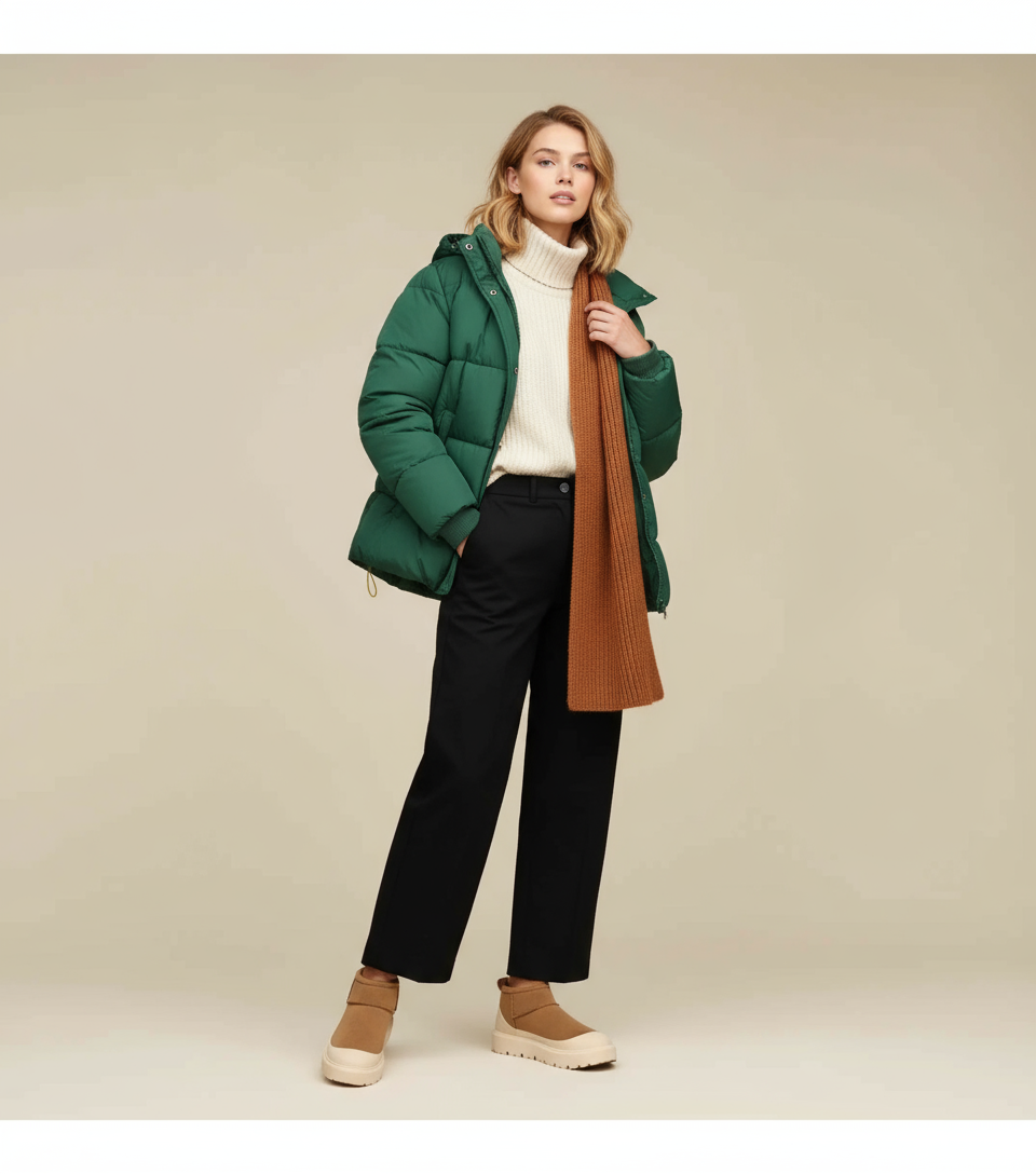 frau mit grüner daunenjacke, weißem rollkragenpullover und braunen winter boots