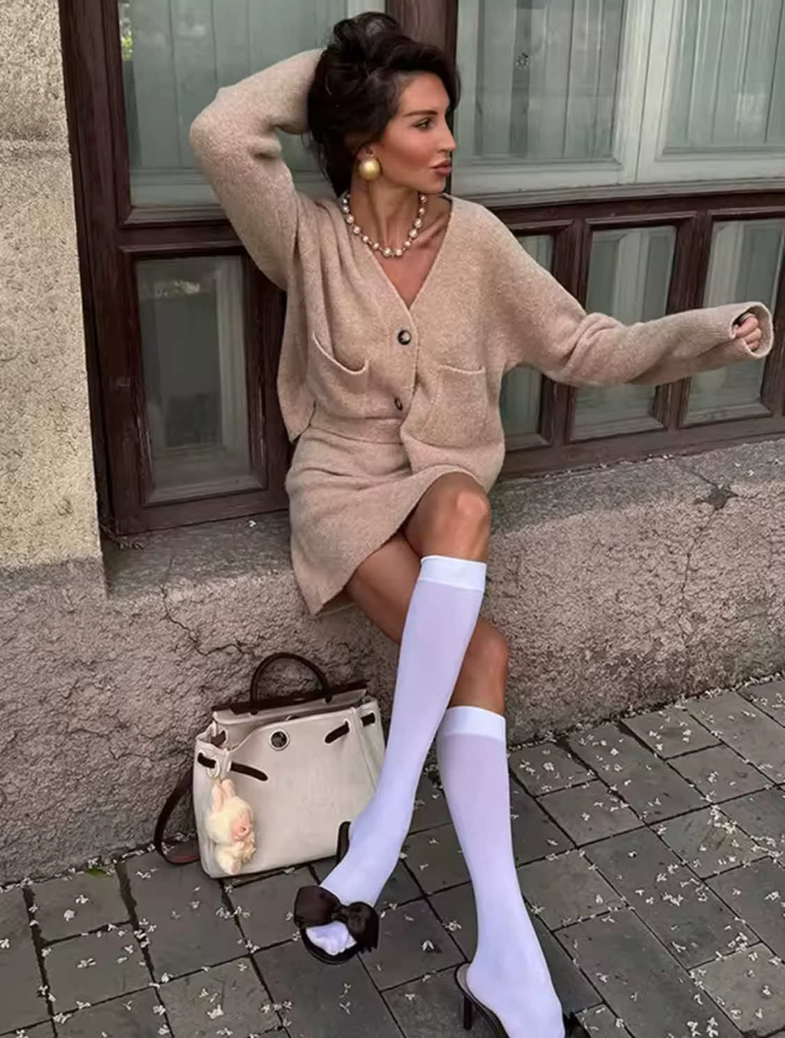 Marelle | Strick-Set in Beige mit Cardigan & Minirock