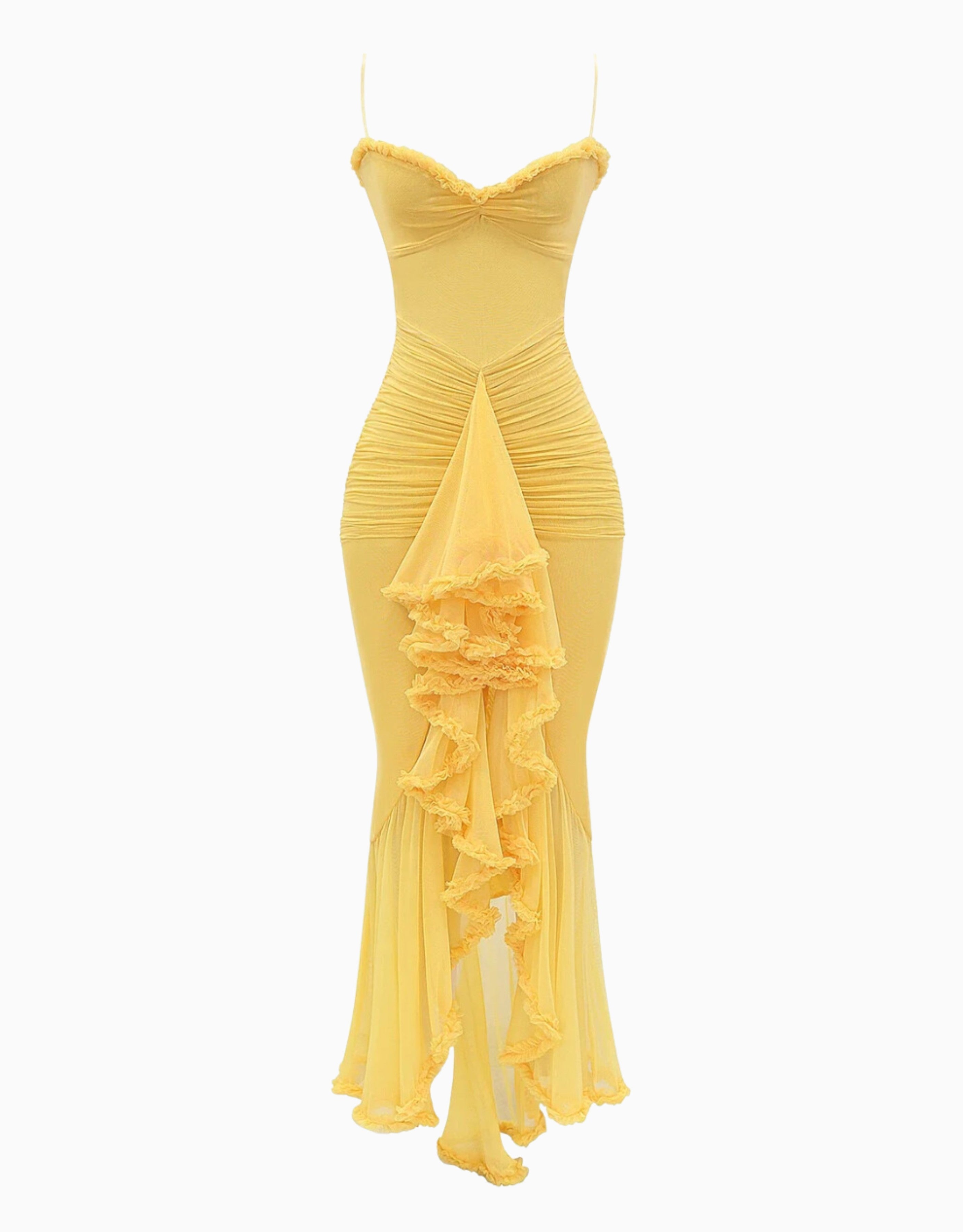 gele maxi jurk met ruffles, elegante strapless jurk geel, avondjurk zomer geel, chique gele gala jurk, maxi jurk met ruches
