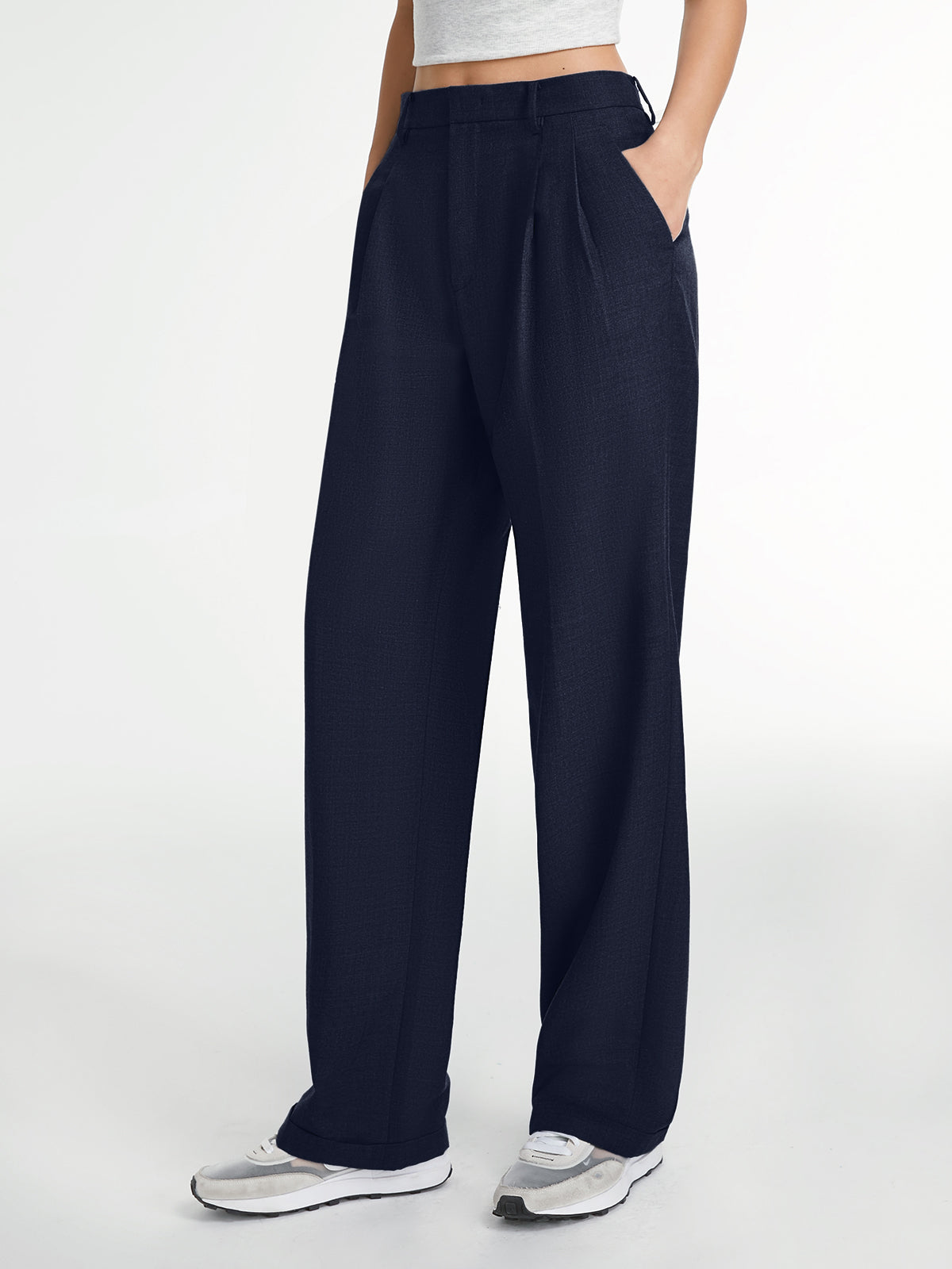 Marineblauwe pantalon zijaanzicht
