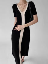 Two Tone V-Neck Knit Slit Midi Dress 