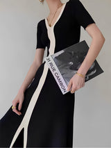 Two Tone V-Neck Knit Slit Midi Dress 