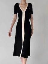Two Tone V-Neck Knit Slit Midi Dress 