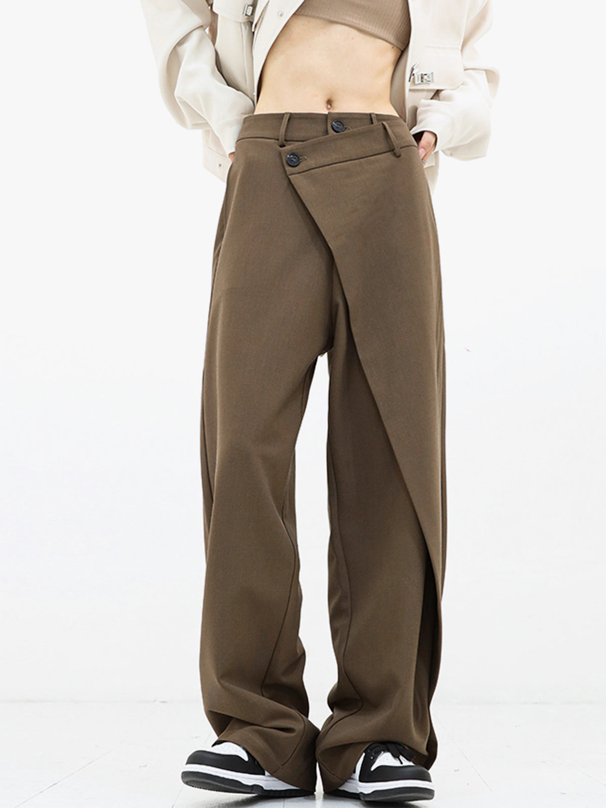 zwarte wide leg damesbroek asymmetrisch

