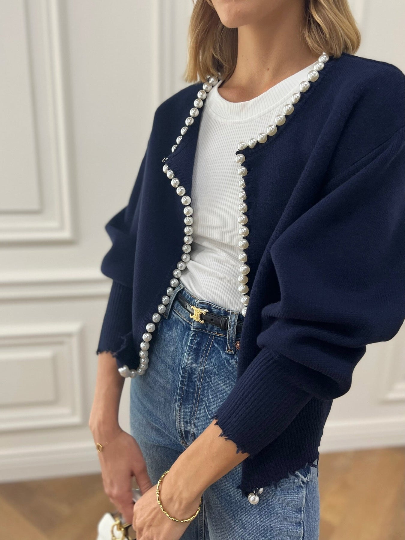 Cardigan met parelrand navy