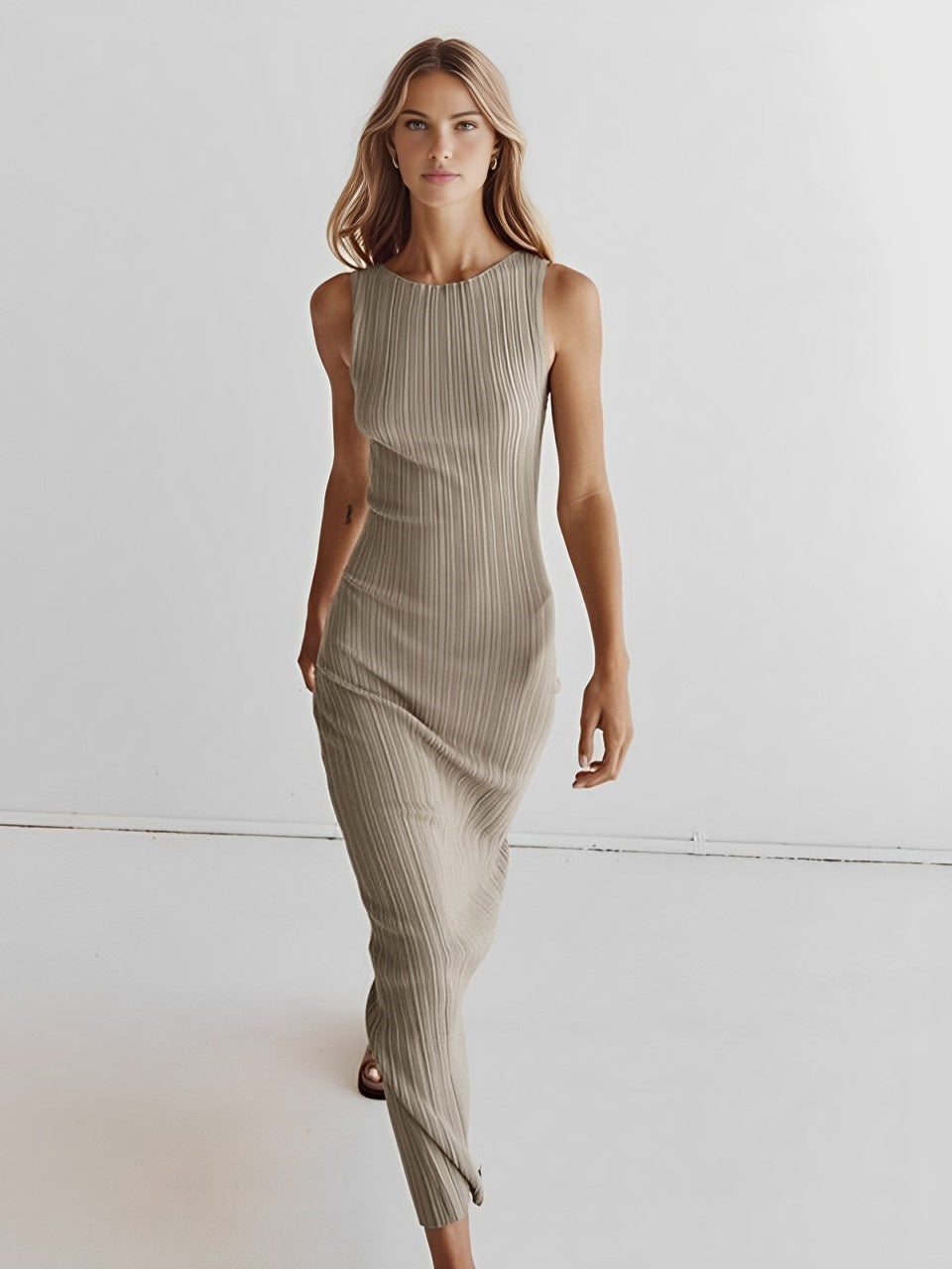 ribgebreide mouwloze maxi jurk
