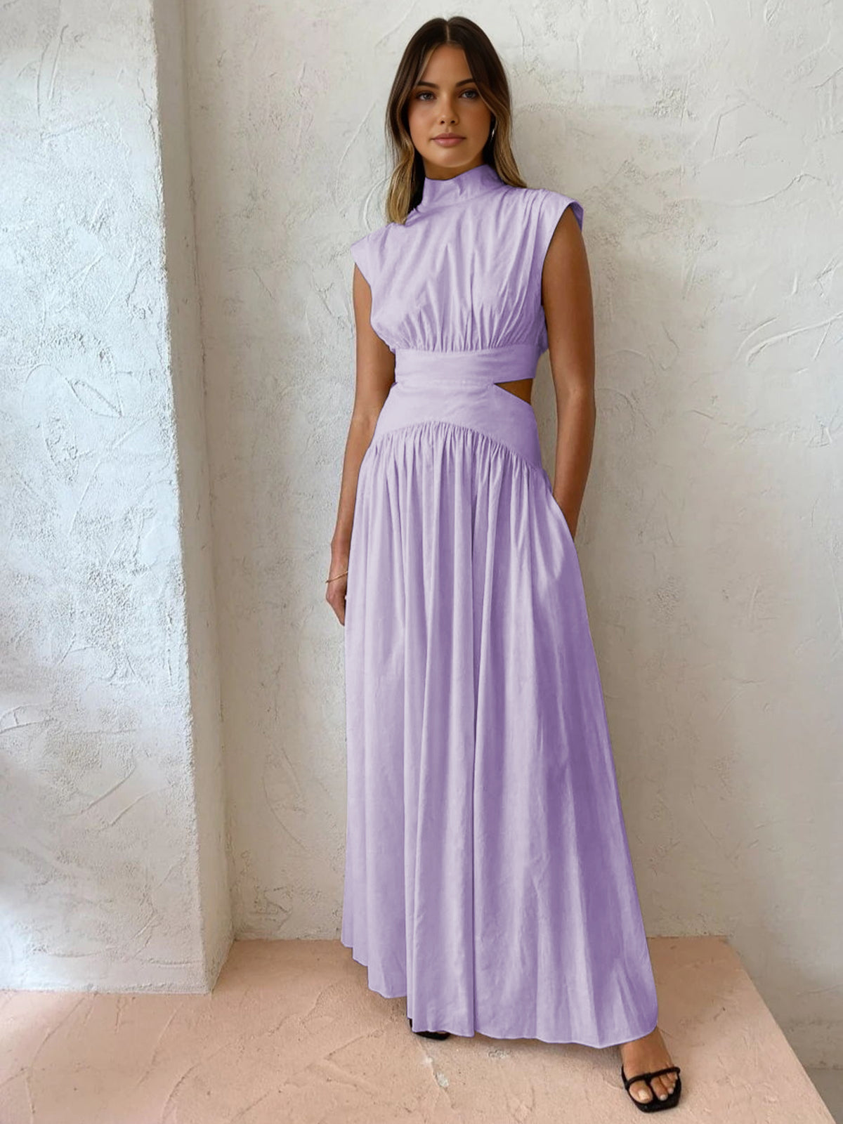 Model in lila mock neck maxi dress
