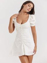 shirtjurk met pofmouwen en lage hals dames
