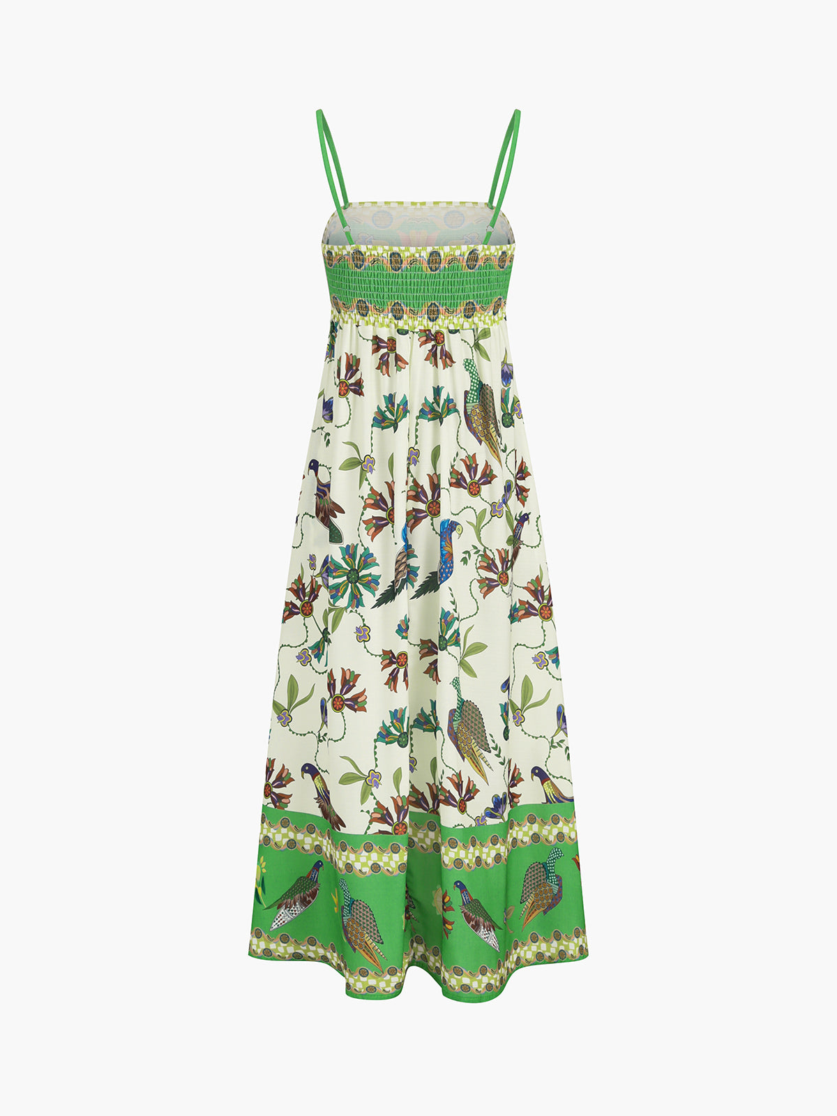 Flora zomerjurk met shirred taille en kleurrijke print
