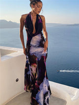 maxi jurk met print en rugloze halter
