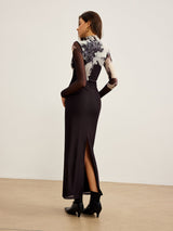 mesh maxi jurk met print en hoge hals
