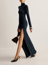 Stand Collar Pleated Slit Jersey Dress