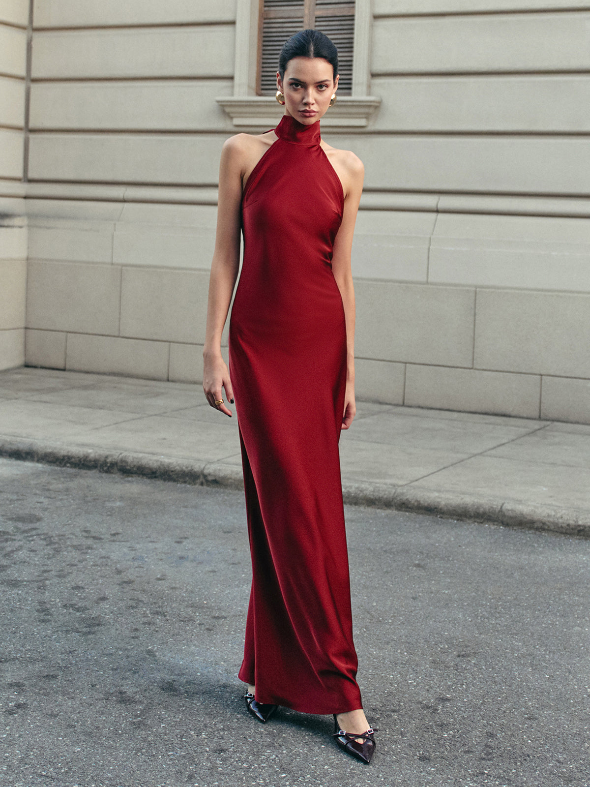 Celeste | Open Back Satin Halter Dress