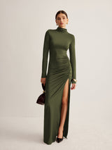Stand Collar Pleated Slit Jersey Dress