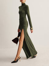 Stand Collar Pleated Slit Jersey Dress