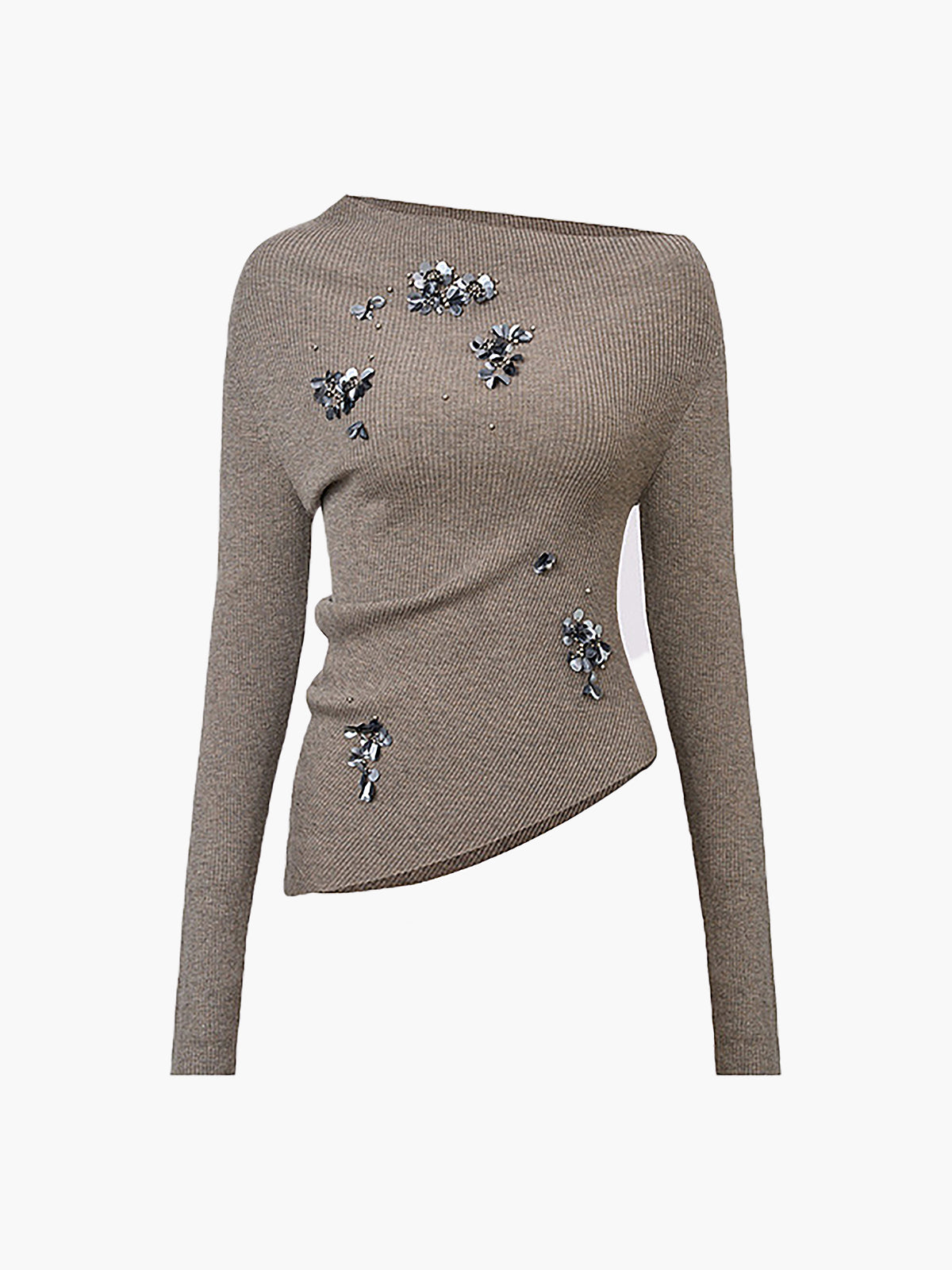 Mirabel asymmetrisches Strick-Top in Khaki mit schrägem Ausschnitt und silbernen Paillettenblüten