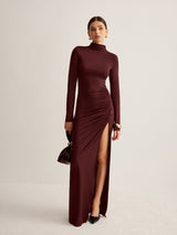 Stand Collar Pleated Slit Jersey Dress