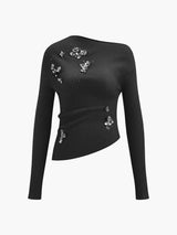 Mirabel asymmetrisches Strick-Top in Schwarz mit silbernen Paillettenblüten