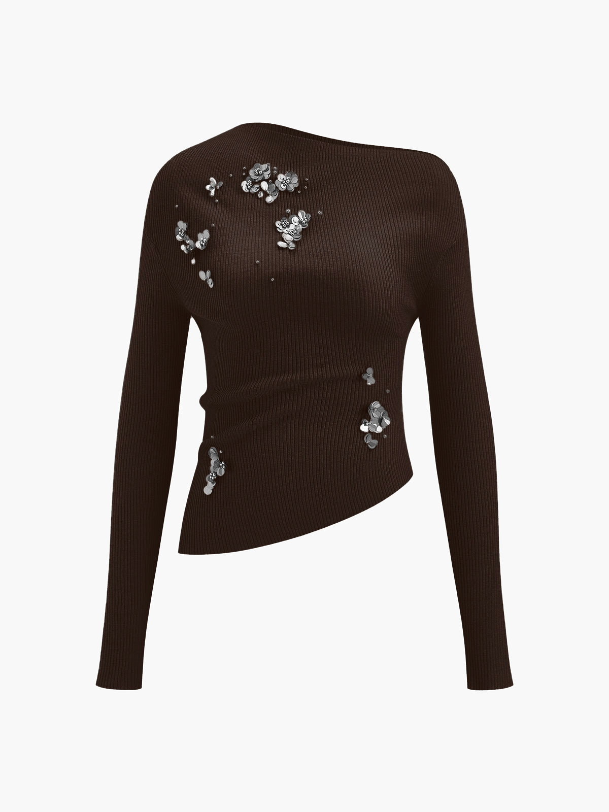 Mirabel asymmetrisches Strick-Top in Dunkelbraun mit silbernen Paillettenblüten