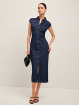 denim jurk met V-hals en knoopsluiting
