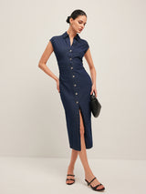 denim jurk met V-hals en knoopsluiting
