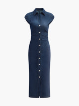 denim jurk met V-hals en knoopsluiting
