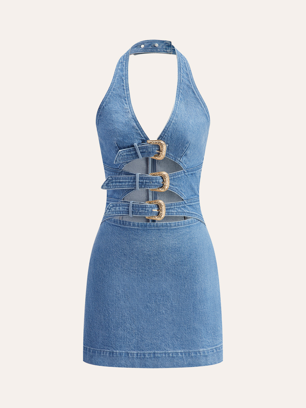 halter denimjurk met gespdetails
