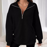 Angelica Luxe Winter Sweatshirt in zwart met half-zip en zachte stof voor dames.