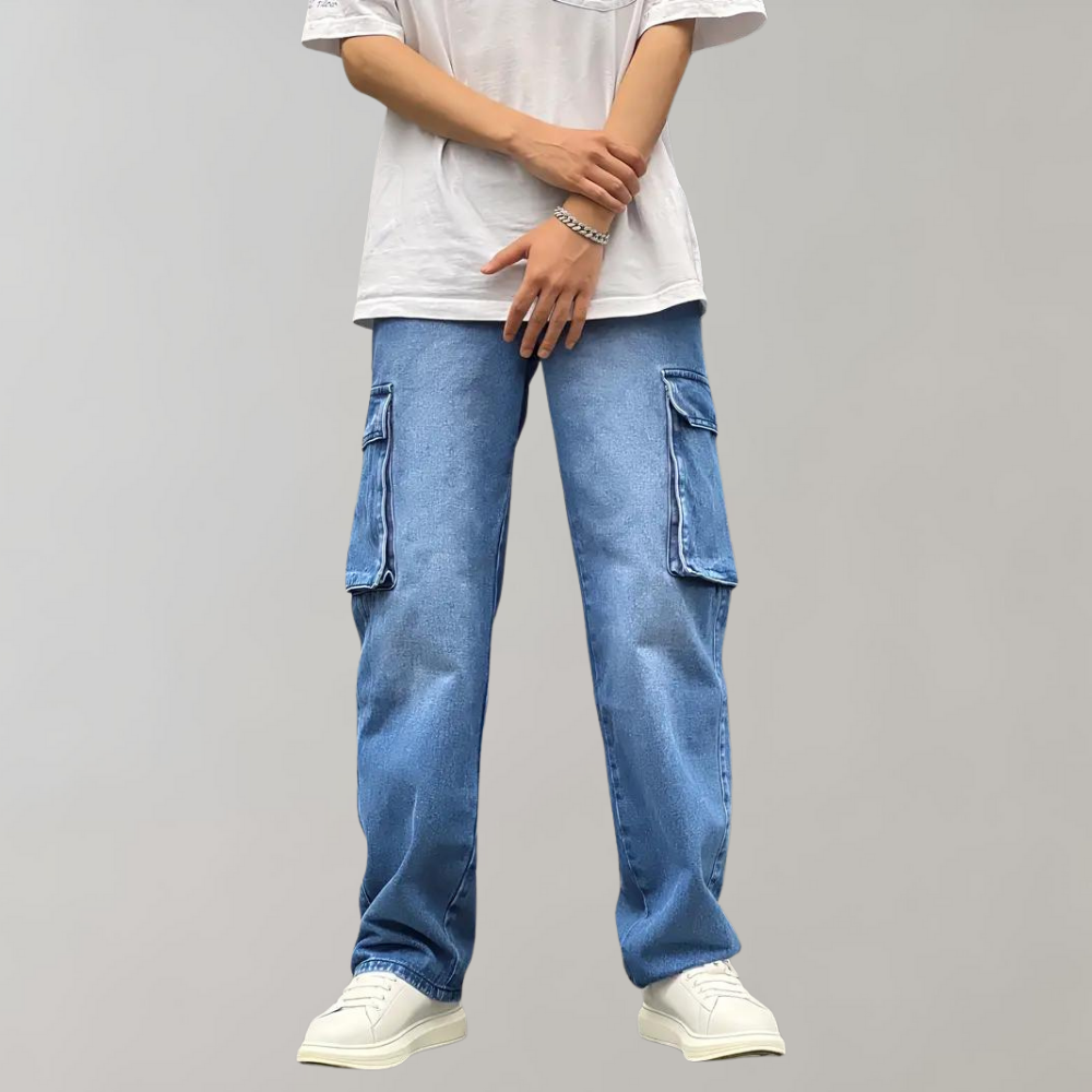 denim cargo broek met cargozakken en loose fit
