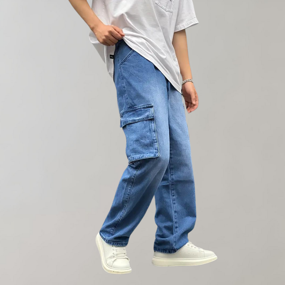 denim cargo broek met cargozakken en loose fit
