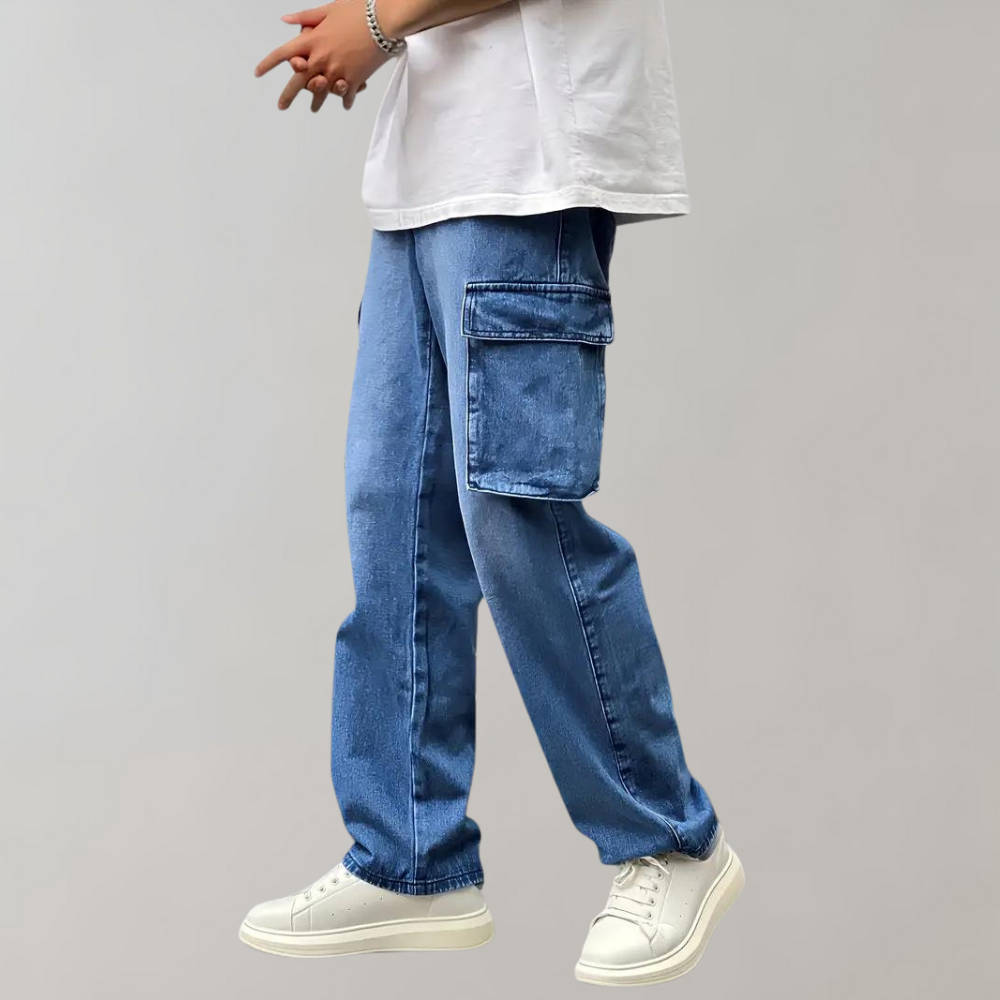 denim cargo broek met cargozakken en loose fit
