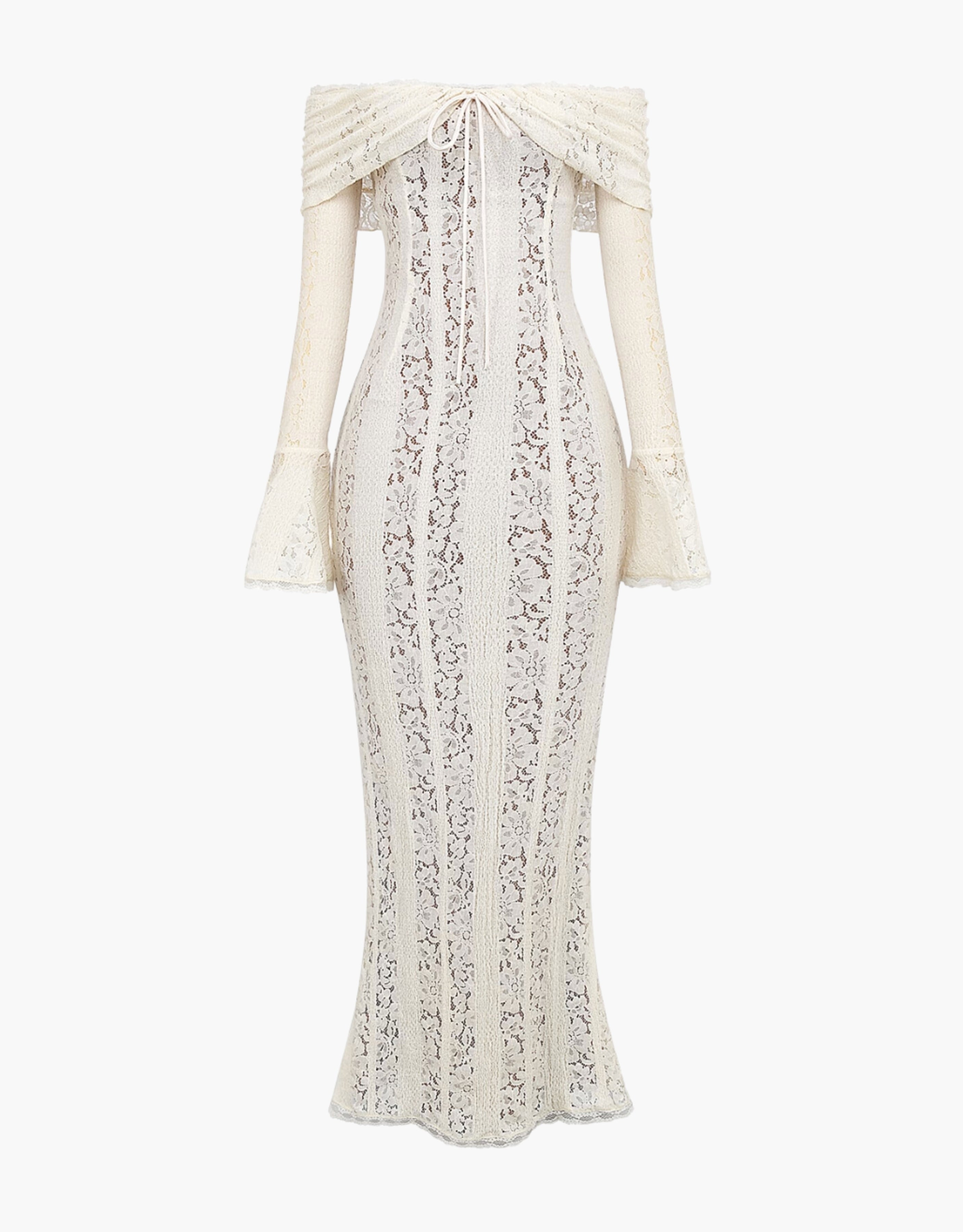off-shoulder kanten maxi jurk ivoorwit, elegante bruidsjurk met kant en ruches, romantische maxi jurk met lange mouwen, witte gala jurk kantdetails, Celestine Grace off-shoulder jurk
