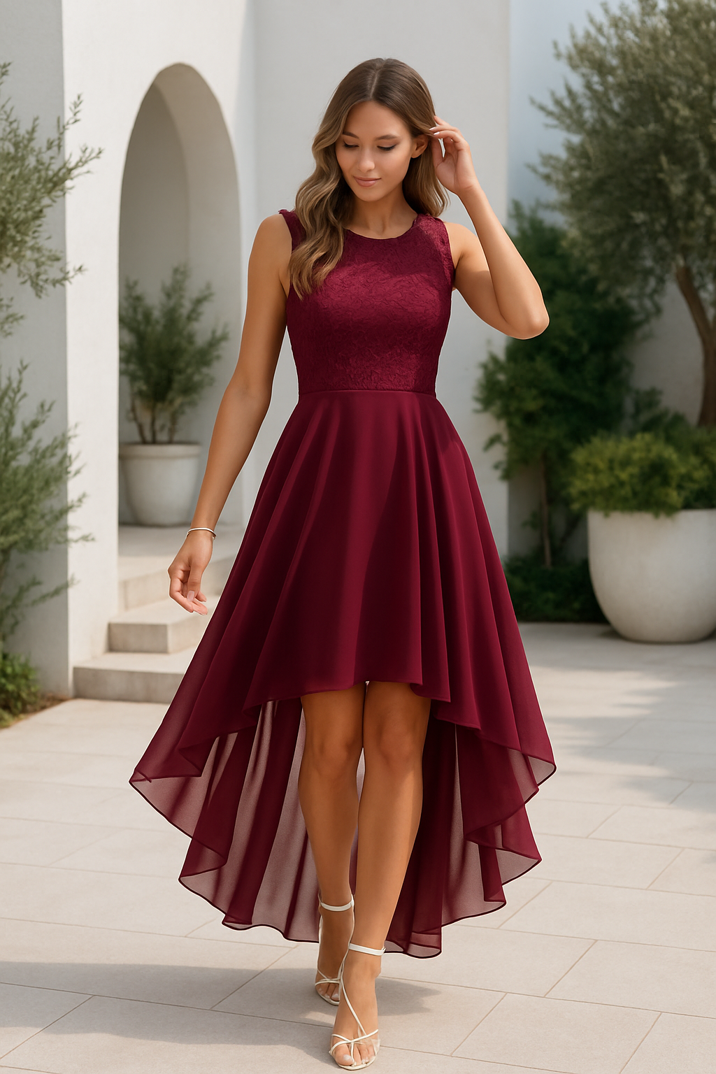 Rode jurk met hoge voorkant en elegante achterkant
