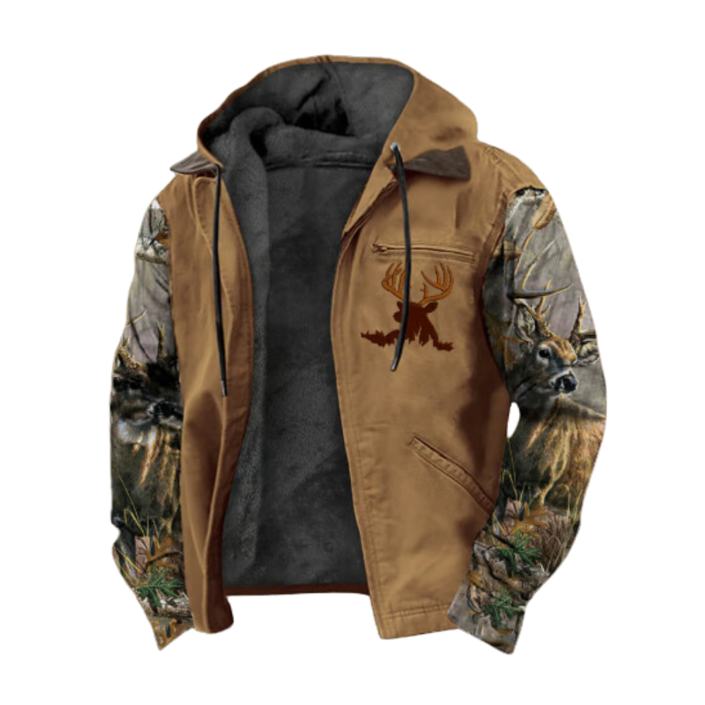 warme outdoorjas met capuchon voor jacht en wandeltochten
