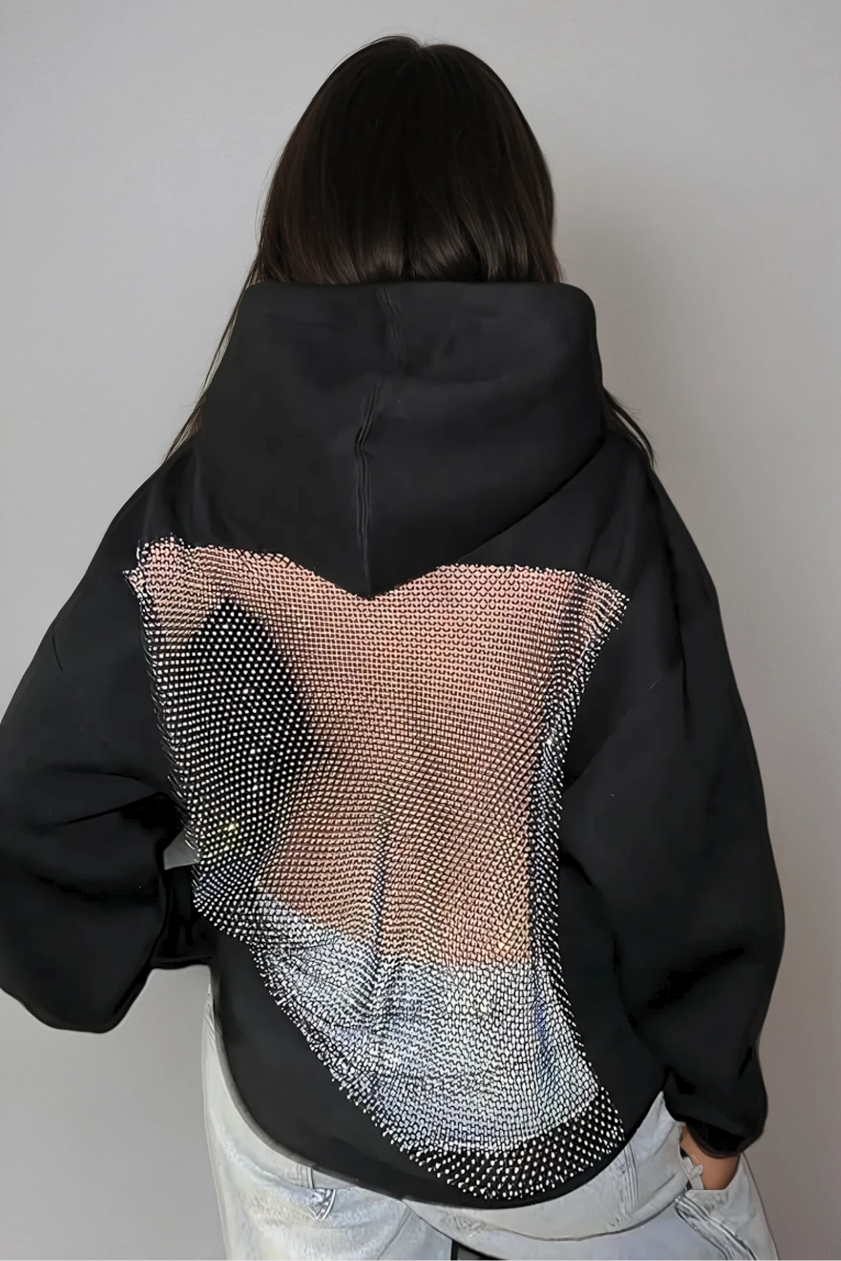 Zamira Glitter Mesh Hoodie | Oversize Hoodie mit offenem Rücken & glitzerndem Mesh-Panel