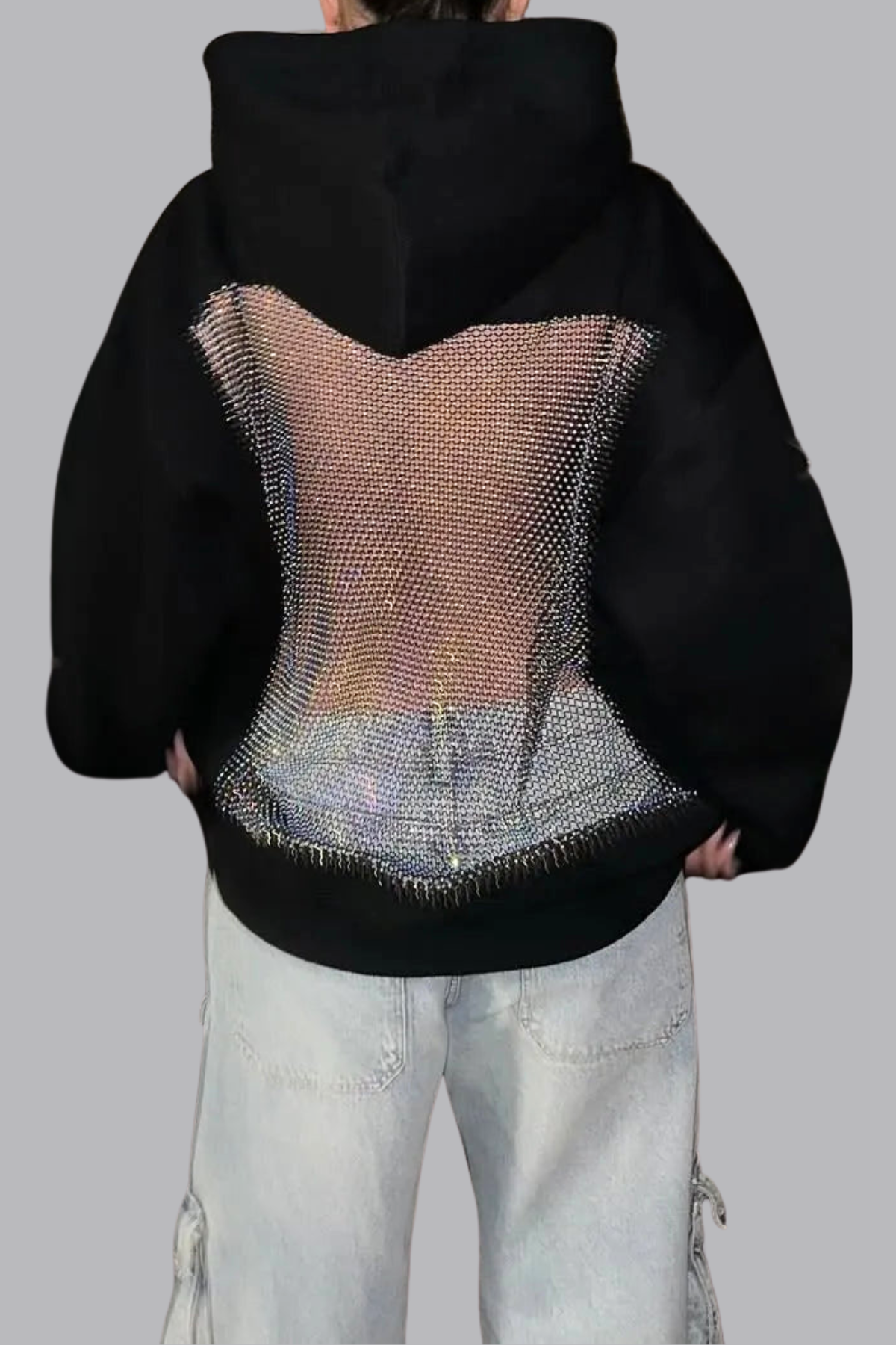 Schwarzer Oversize Hoodie Zamira mit glitzerndem Rückenteil