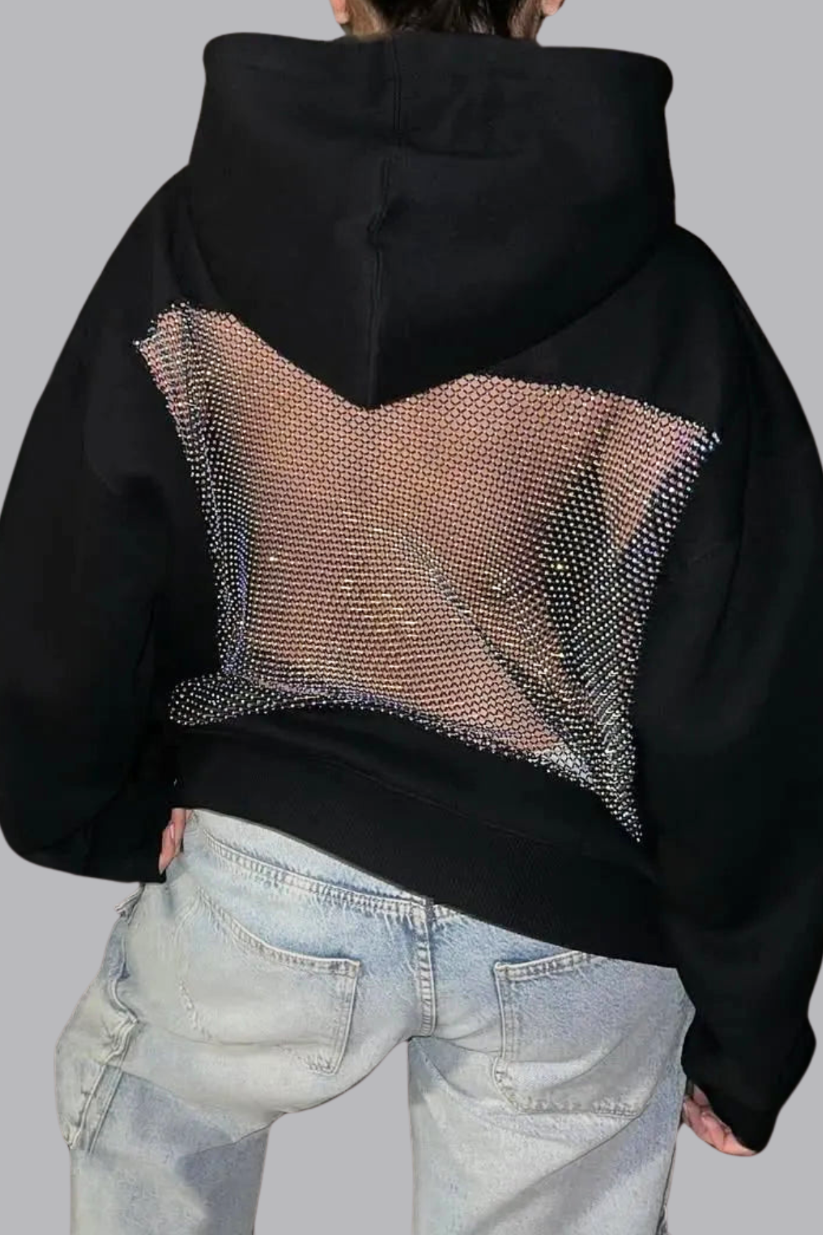 Zamira Glitter Mesh Hoodie | Oversize Hoodie mit offenem Rücken & glitzerndem Mesh-Panel