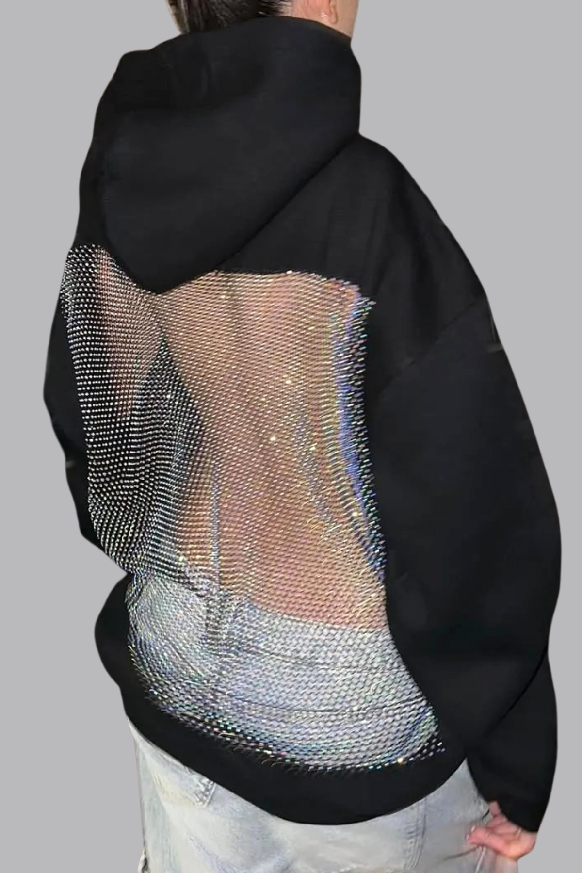 Zamira Glitter Mesh Hoodie | Oversize Hoodie mit offenem Rücken & glitzerndem Mesh-Panel