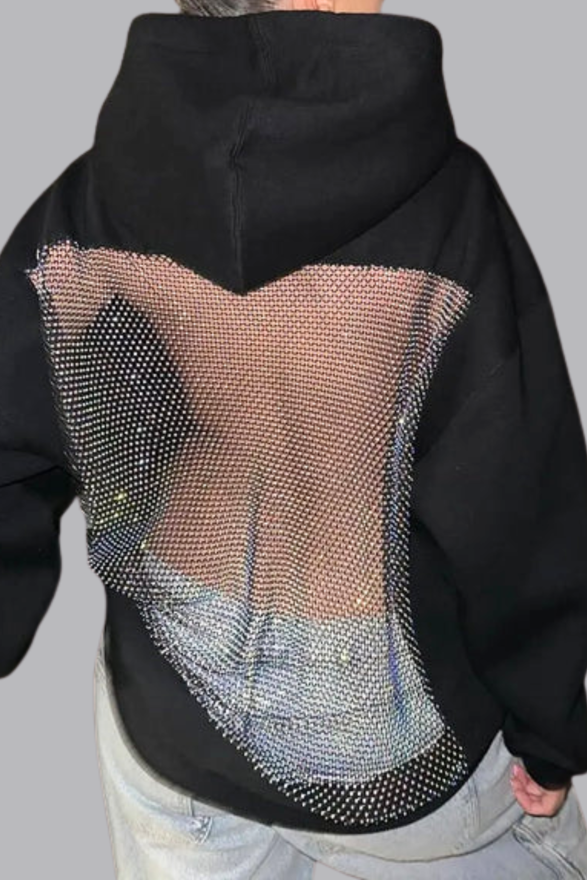 Schwarzer Zamira Glitter Mesh Hoodie mit offenem Rücken und Mesh-Panel