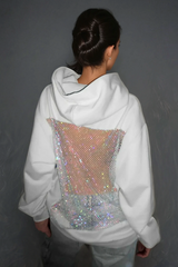 Weißer Zamira Glitter Mesh Hoodie mit glitzerndem Mesh-Rückenpanel Vorderansicht
