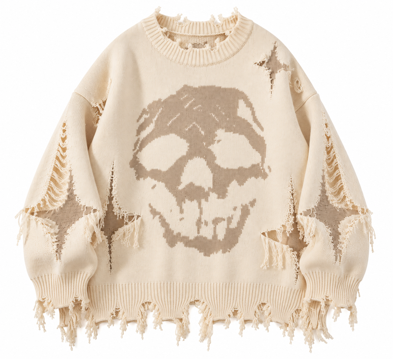 Cremefarbener Distressed Skull-Pullover